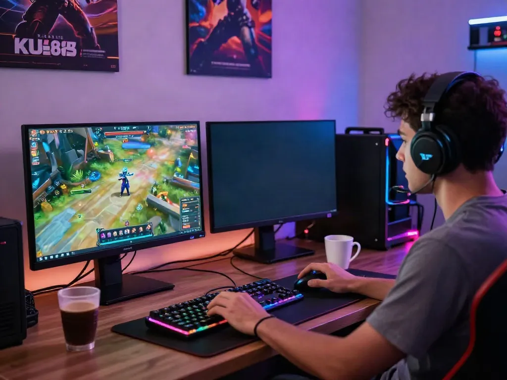 Dynamic gaming scene showcasing a user engaging with KU88 gaming platform and gaming gear.