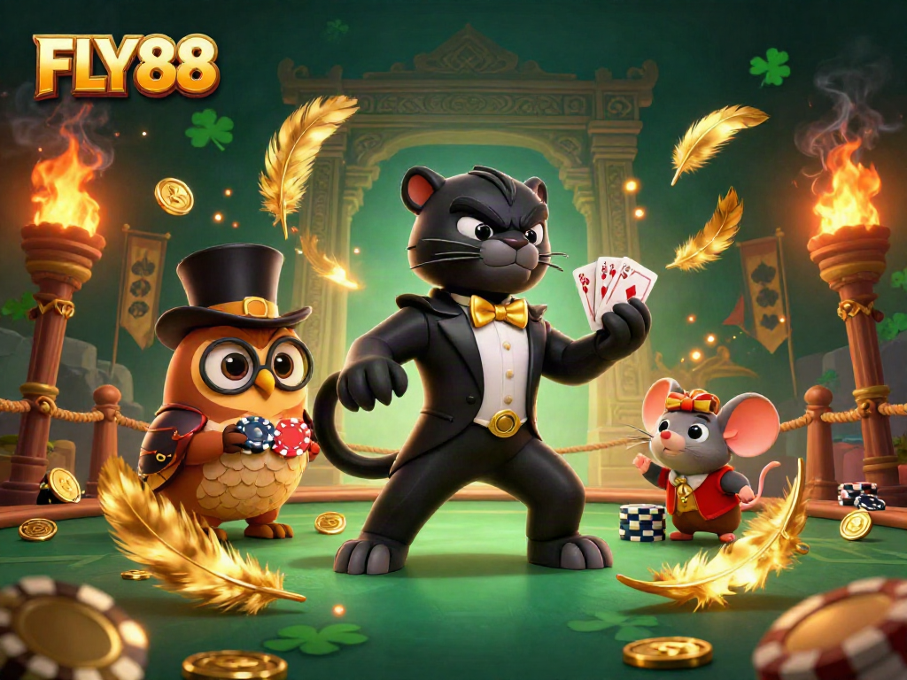 FLY88 showcases a stylish panther dealing cards with an owl and mouse in vibrant casino atmosphere