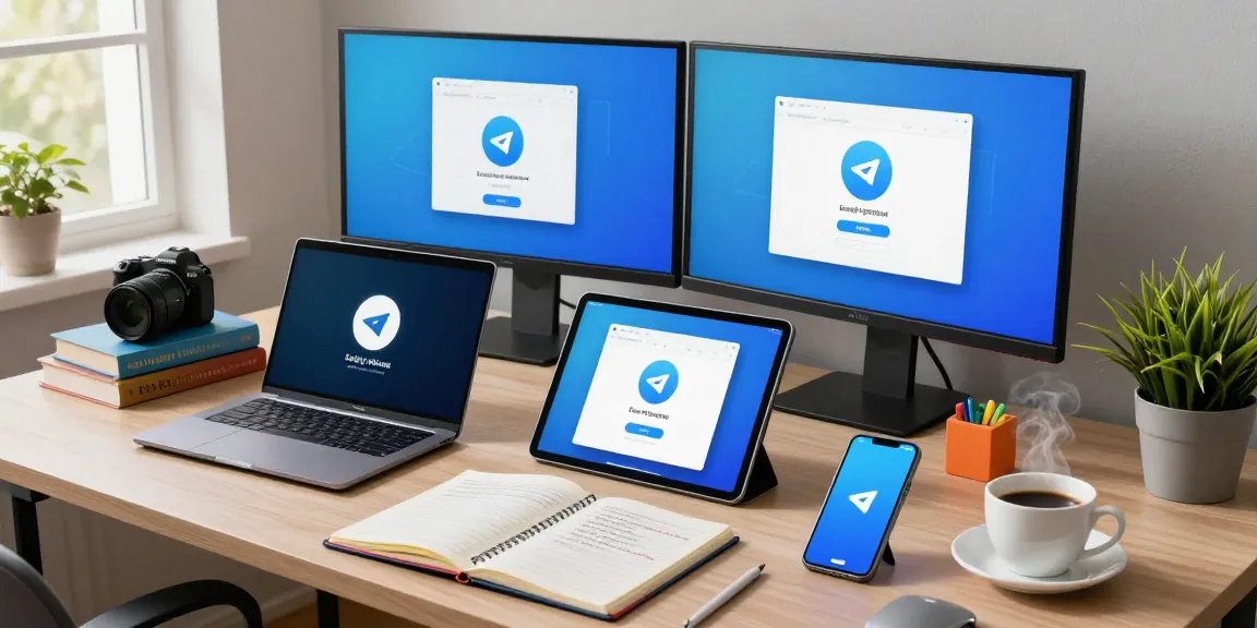 Download Telegram app installation on multiple devices in a modern tech workspace.