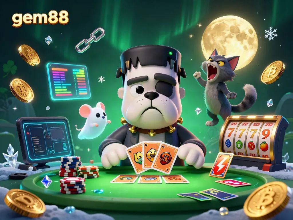 Experience the thrill of gem88 as a Frankenstein bulldog deals cards amidst crypto coins and vibrant slot game elements.