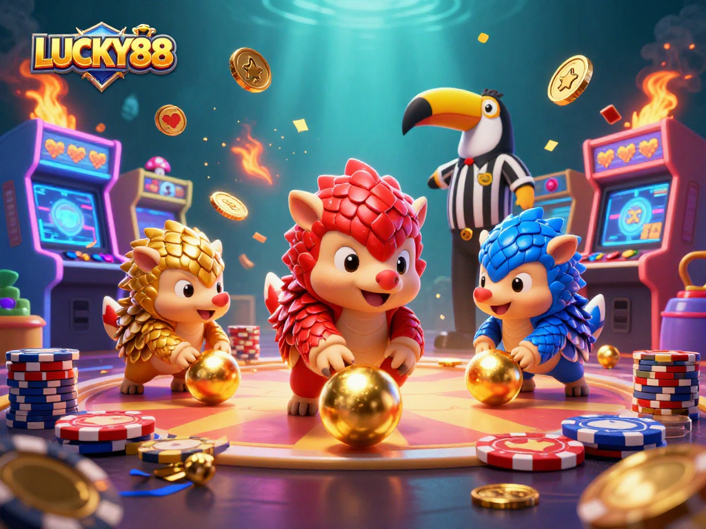 Experience the excitement of LUCKY88 with rival pangolins in a vibrant casino showdown.