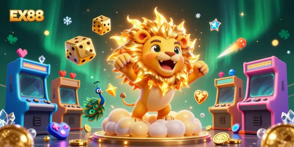 Experience the excitement of EX88 with vibrant casino-themed visuals, featuring games and luck.