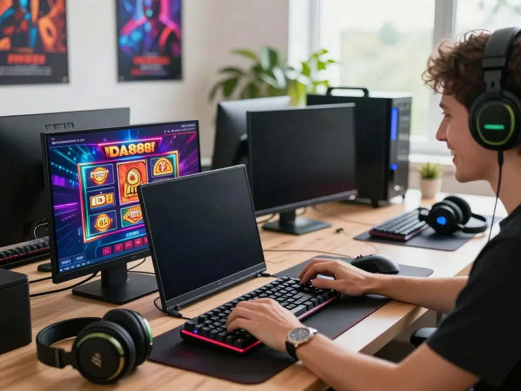 Engaged player enjoying da88 slot games at a modern gaming setup.