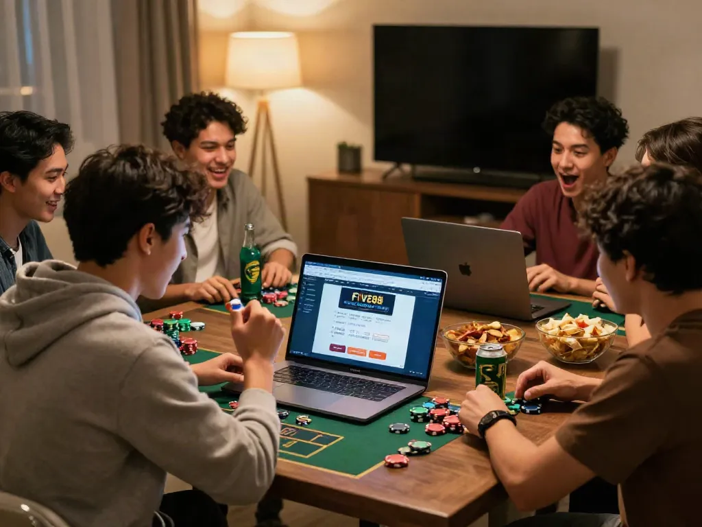Friends celebrating online wins at FIVE88, showcasing an engaging betting atmosphere with gaming props.