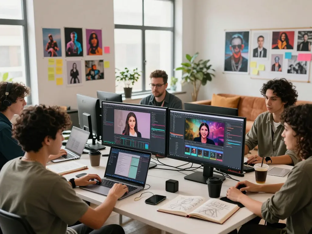 Creative professionals collaborating on AI porn content in a modern studio, showcasing innovative technology and artistic expressions.