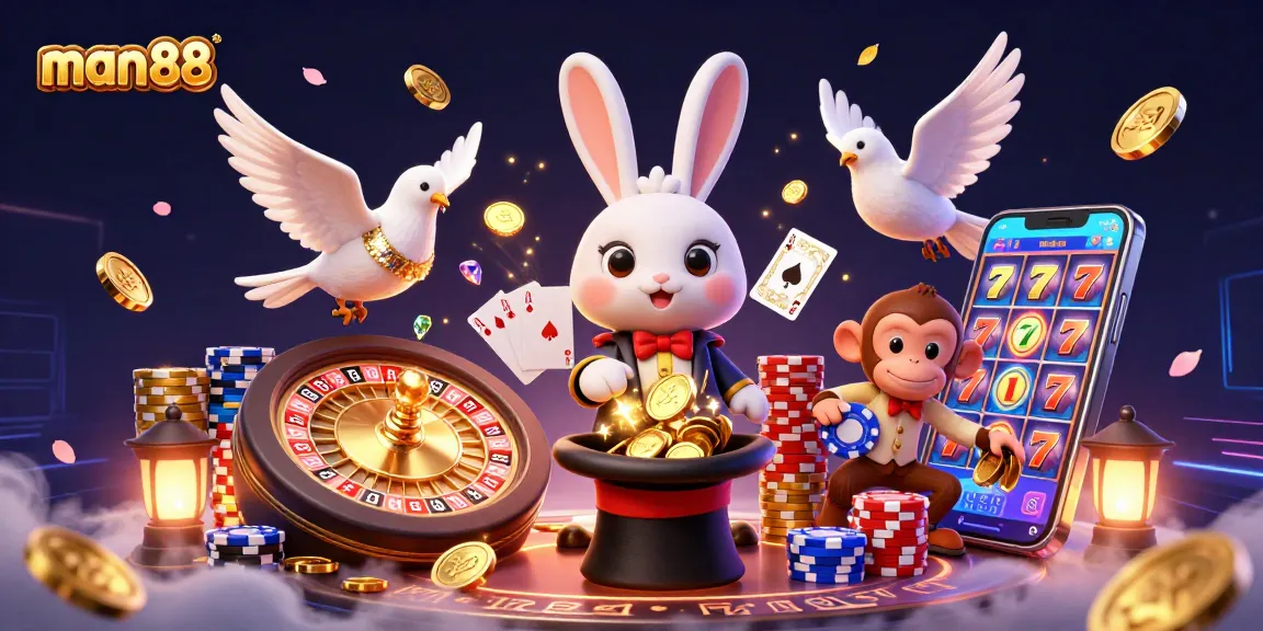 Experience the excitement of man88 with a magical cartoon scene of a magician rabbit, dove, and monkey in action!