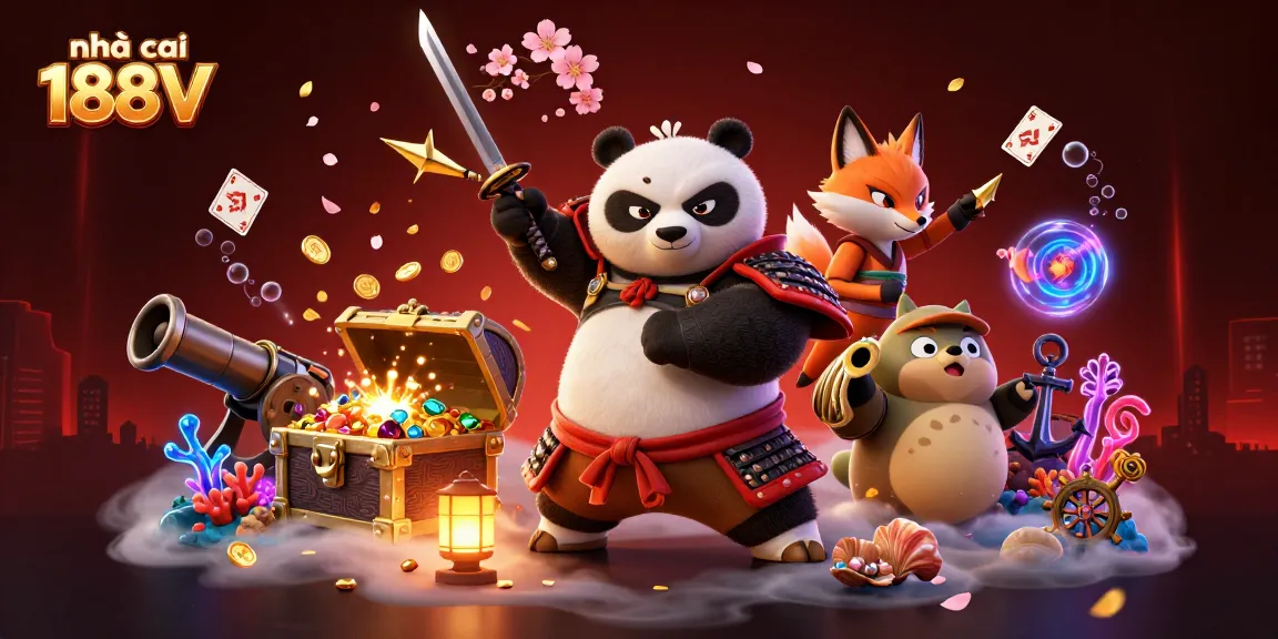 Join the action at nhà cái 188V with epic game elements and characters immersed in a vibrant casino adventure.
