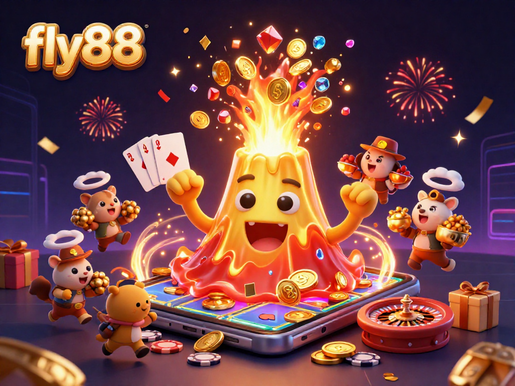 Experience the thrill of fly88 with a lively 3D volcano erupting coins and casino games in a vibrant scene.