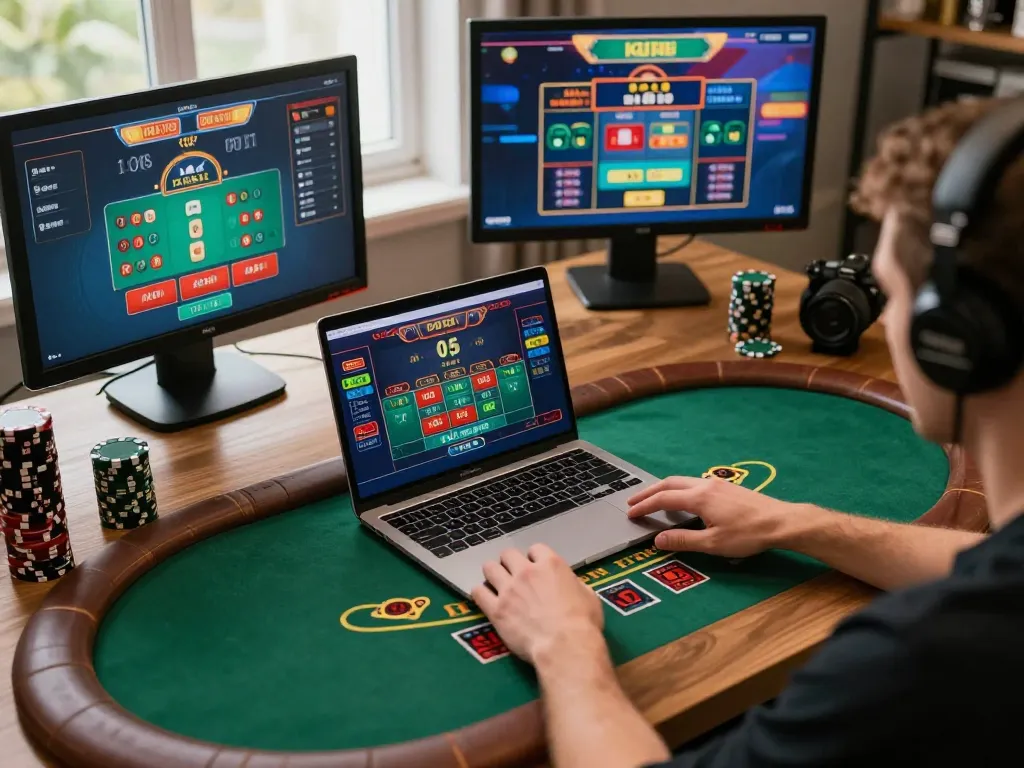 Engaged player using mm88br for live dealer blackjack in a home office.