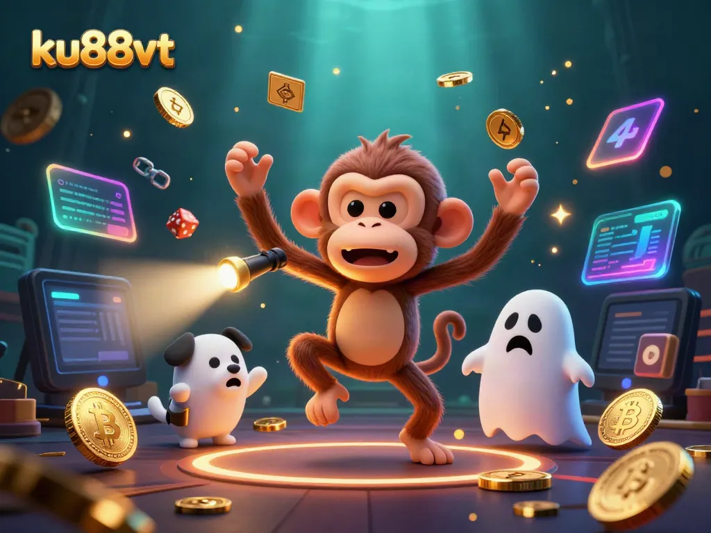 Engage in thrilling gameplay at ku88vt with neon cryptocurrency elements and lively casino characters in an exciting scene.