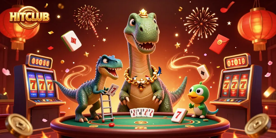 Experience the excitement at HITCLUB with a vibrant 3D casino scene featuring a dinosaur dealer!