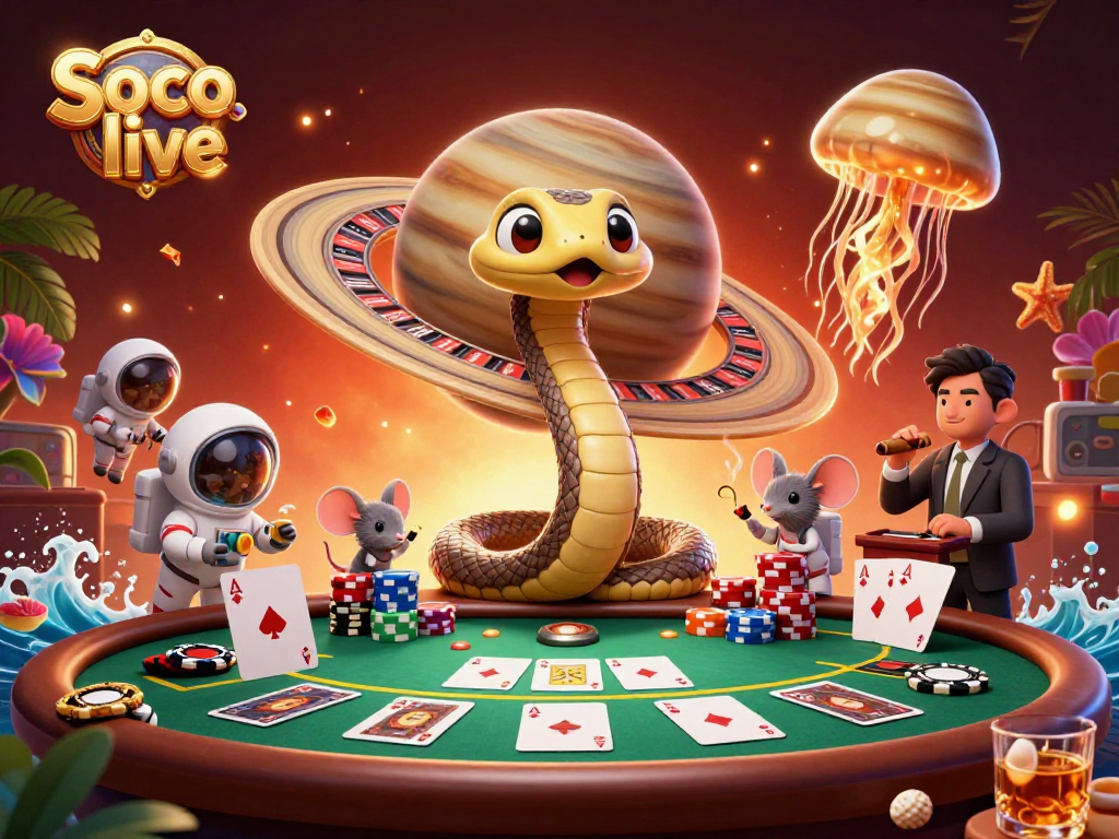 Experience Soco live as astronaut mice bet on a cosmic roulette wheel in this vibrant 3D illustration.