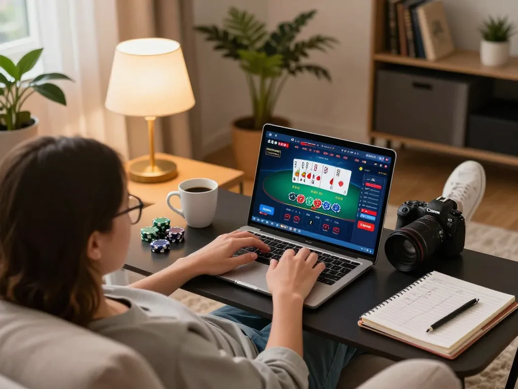 CM88 user engaged in online poker gaming with cozy home atmosphere.