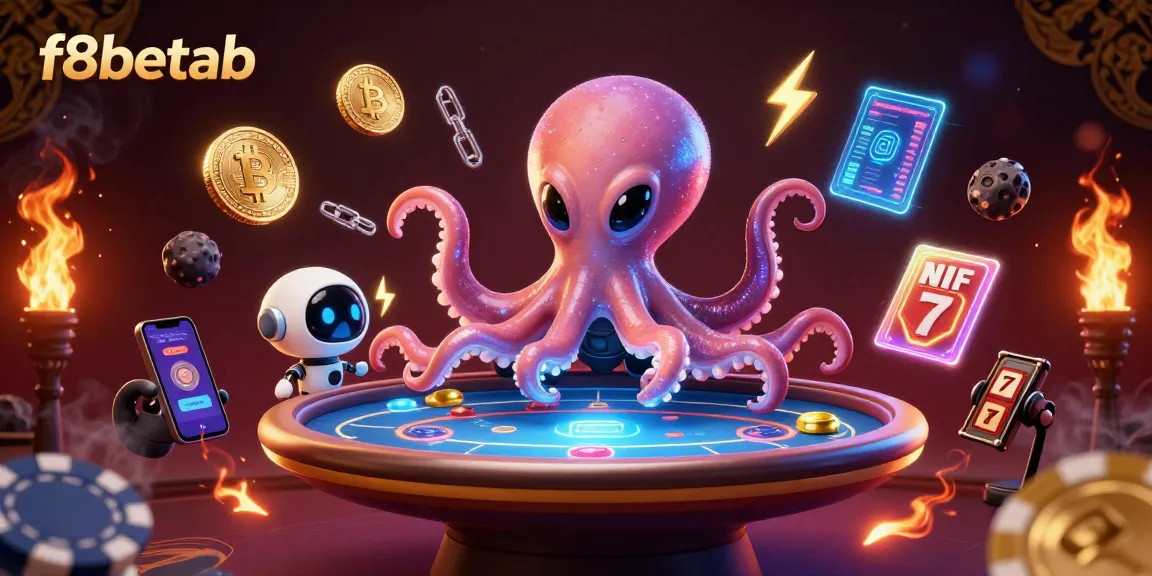 Experience f8betab's animated gambling universe with an octopus poker dealer amidst vibrant crypto elements.