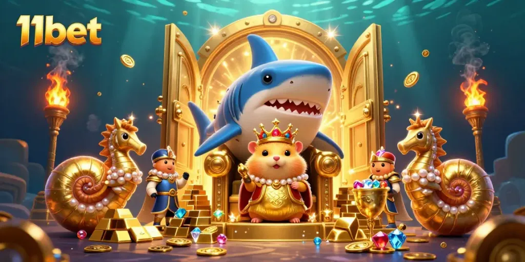 Join the thrilling 11bet world of online gaming with a dynamic underwater kingdom illustration.