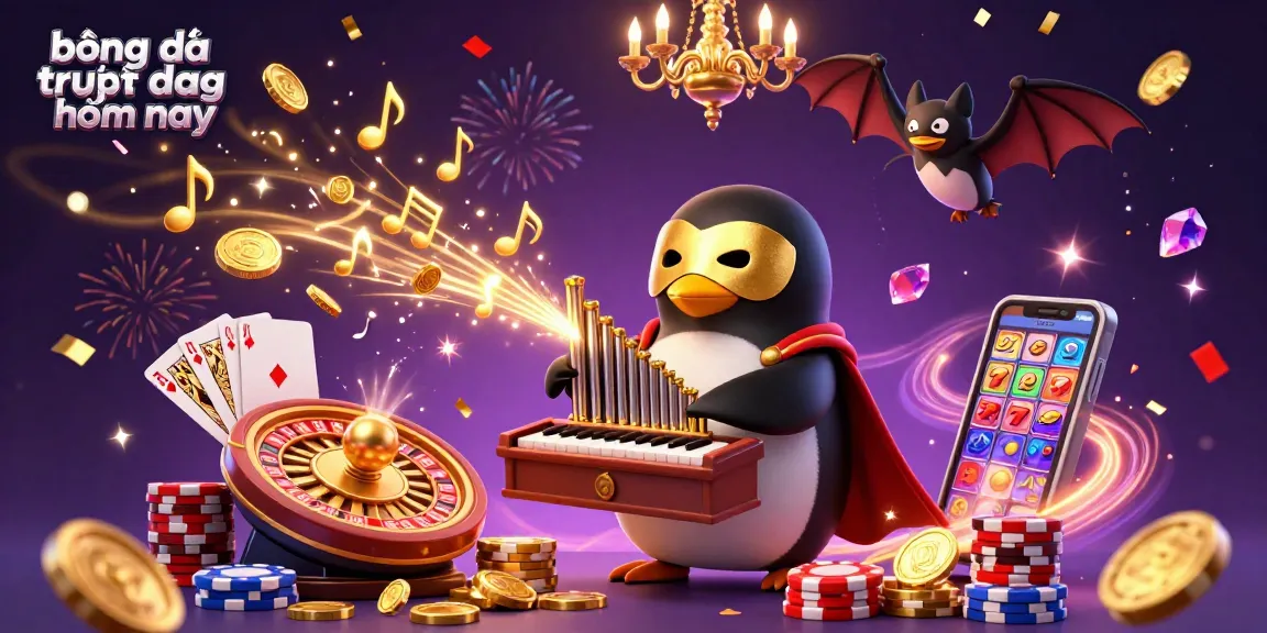 Experience bóng đá trực tiếp hôm nay with vibrant casino elements, golden coins, and 3D animation.