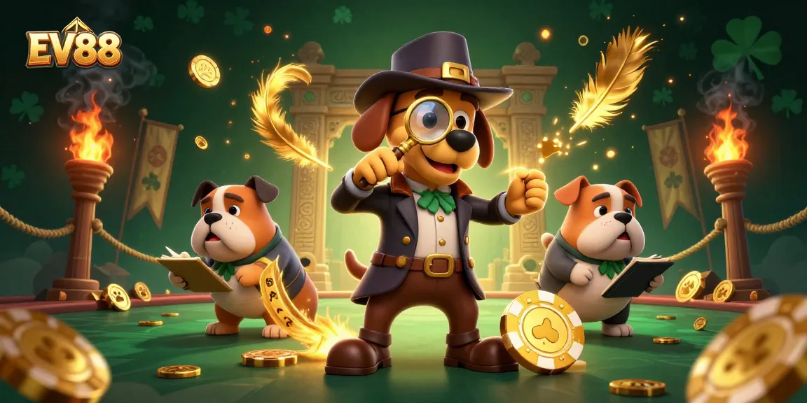 Play thrilling games at EV88, highlighted by a detective and bulldog navigating clues in a vibrant casino.