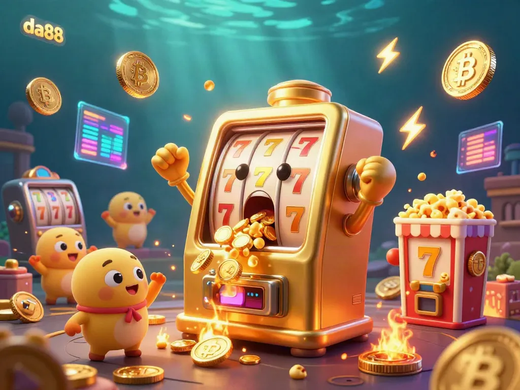 Spin and win at da88 with the golden slot machine celebrating its jackpot among cheering baby slots.