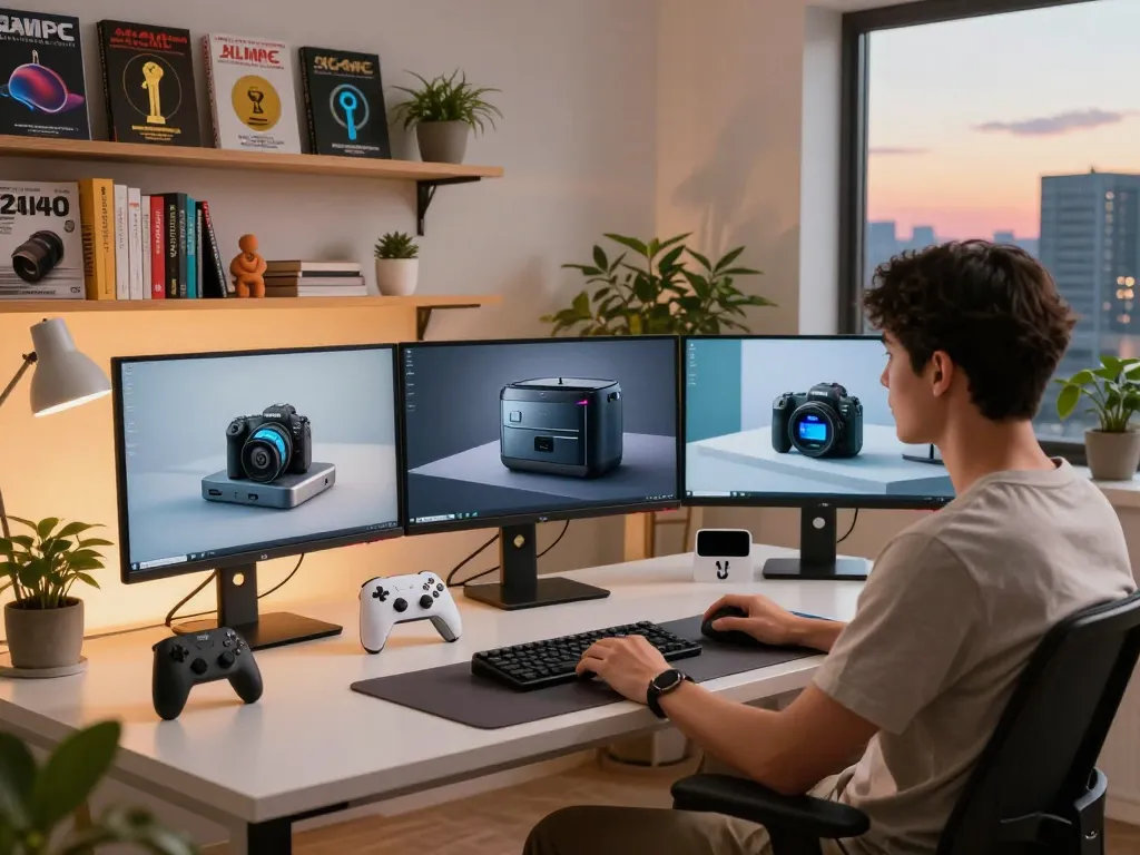 Showcasing latest tech gadgets 2040 in a modern home office, featuring innovative devices and a cityscape view.