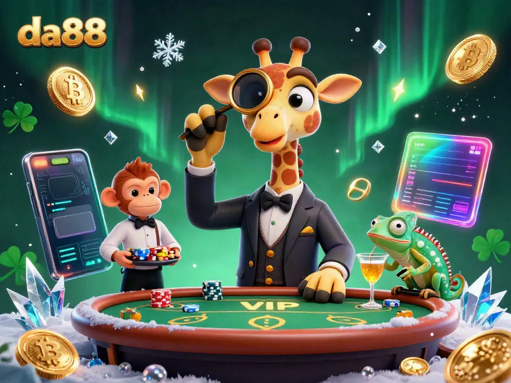 Experience the thrill of da88 with a high-roller giraffe, poker action, and glowing crypto coins.