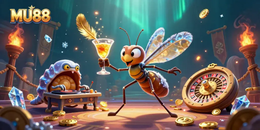 Engage with MU88's vibrant casino atmosphere featuring a unique character trio in a dynamic gaming scene.