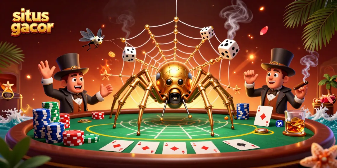 Engage with situs gacor in this vibrant scene featuring a steampunk spider and playful gambling elements.