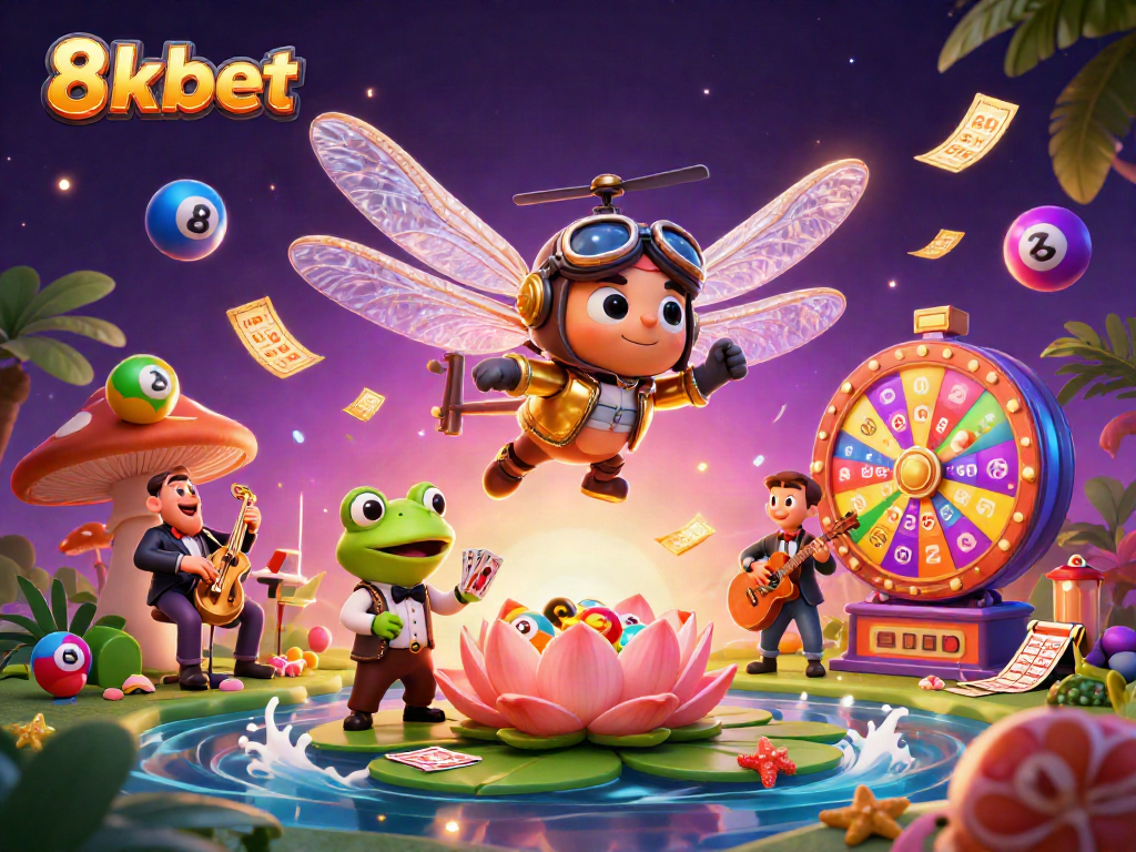 Experience the excitement of 8xbet with a lively casino scene featuring a dragonfly pilot and frog croupier.