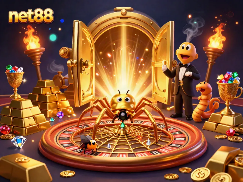 Engage in thrilling bets at net88 with a daring fly and a roulette wheel of fortune illustrated by golden creatures.