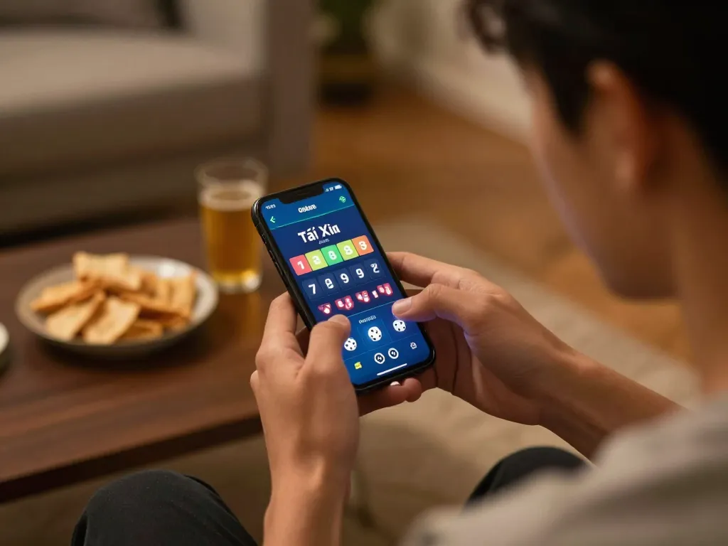 Engaging in Tài Xỉu Online gaming on a smartphone with strategic app interface.