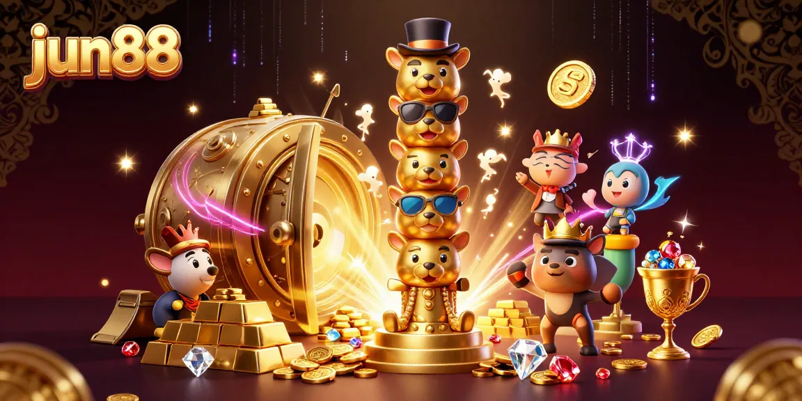Experience the excitement of jun88 casino with a vibrant illustration of a golden totem pole amidst treasures.