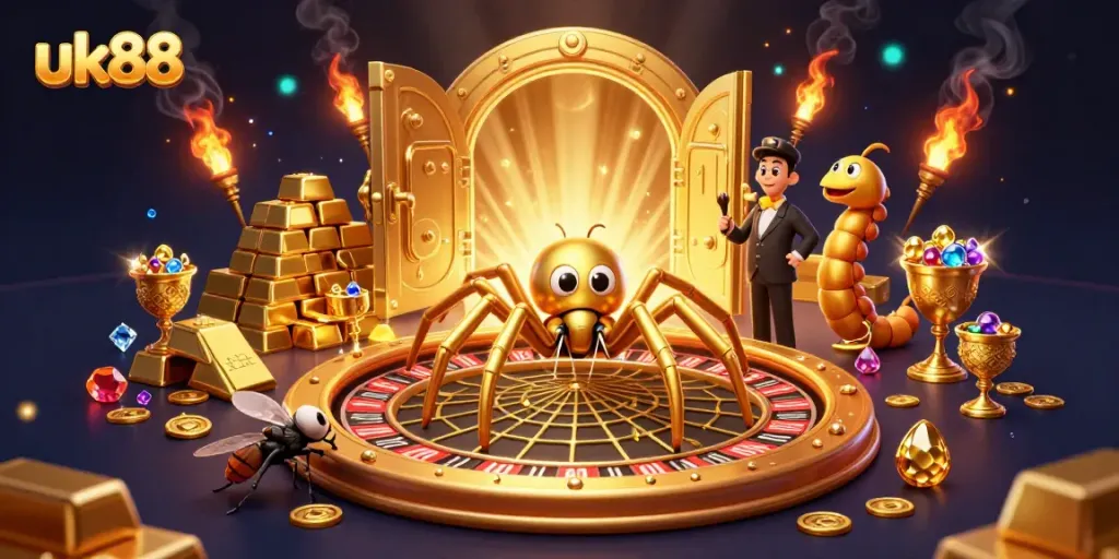 Engage with thrilling betting activities at uk88 featuring a dynamic casino scene with characters like a golden spider and centipede dealer.