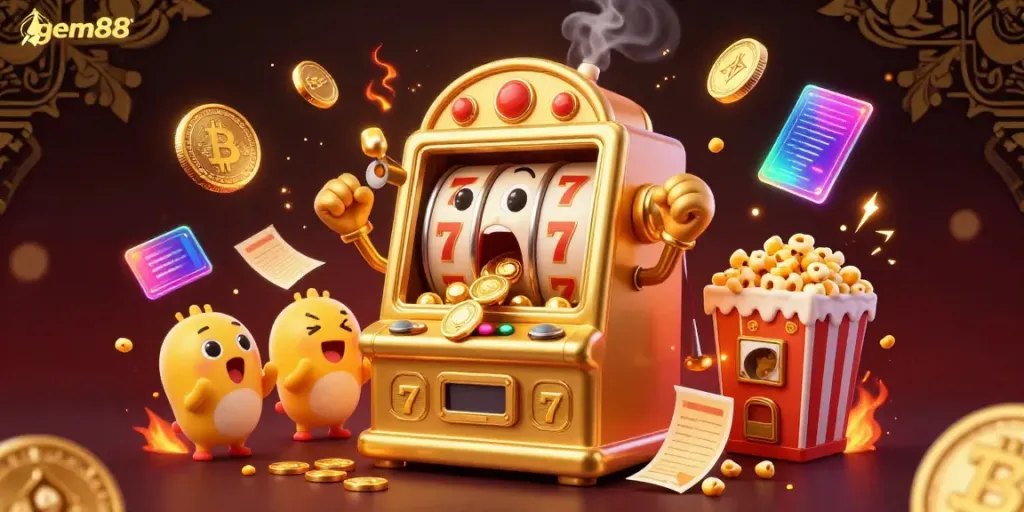 Experience the thrill of gem88 online gambling with animated slot machines and crypto coins in a vibrant, dynamic scene.