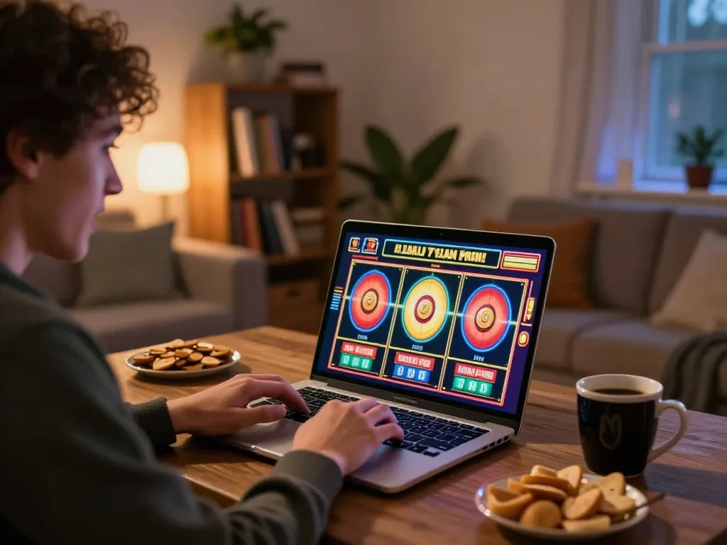 Player enjoying RR88 online slot games from a cozy home setup, excitedly watching spinning reels.