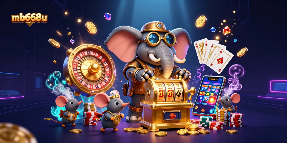 Engage with mb668u's captivating casino games as a steampunk elephant operates a dynamic slot machine.