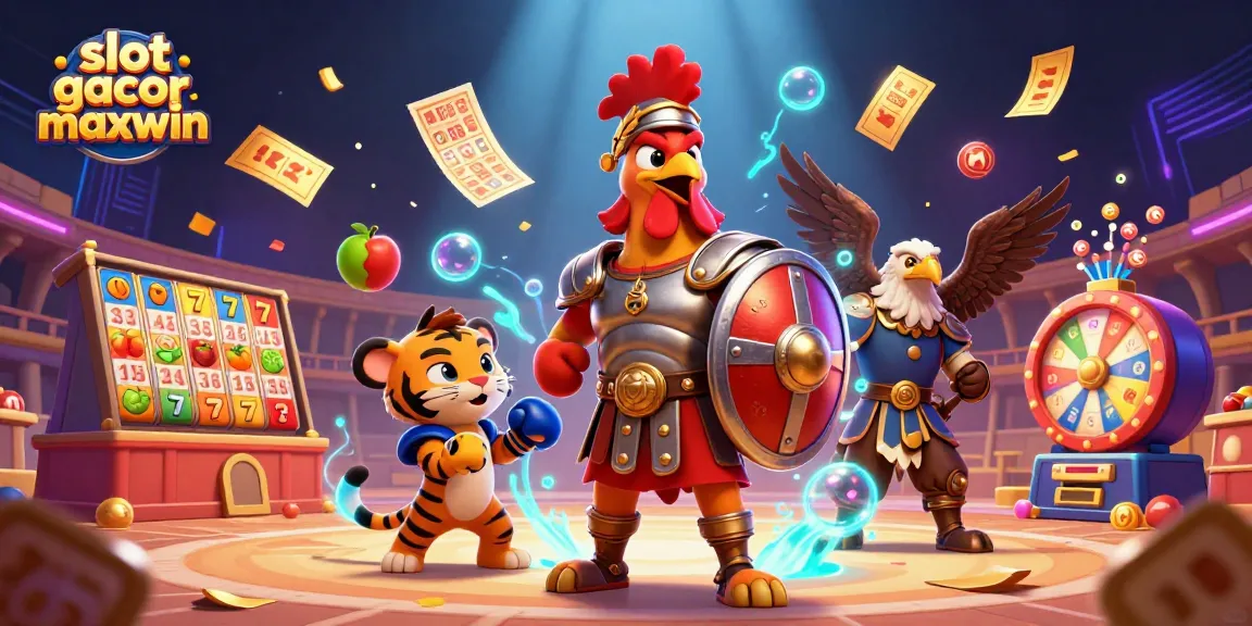 Experience thrilling slot gacor maxwin action featuring a gladiator rooster and vibrant gambling elements.