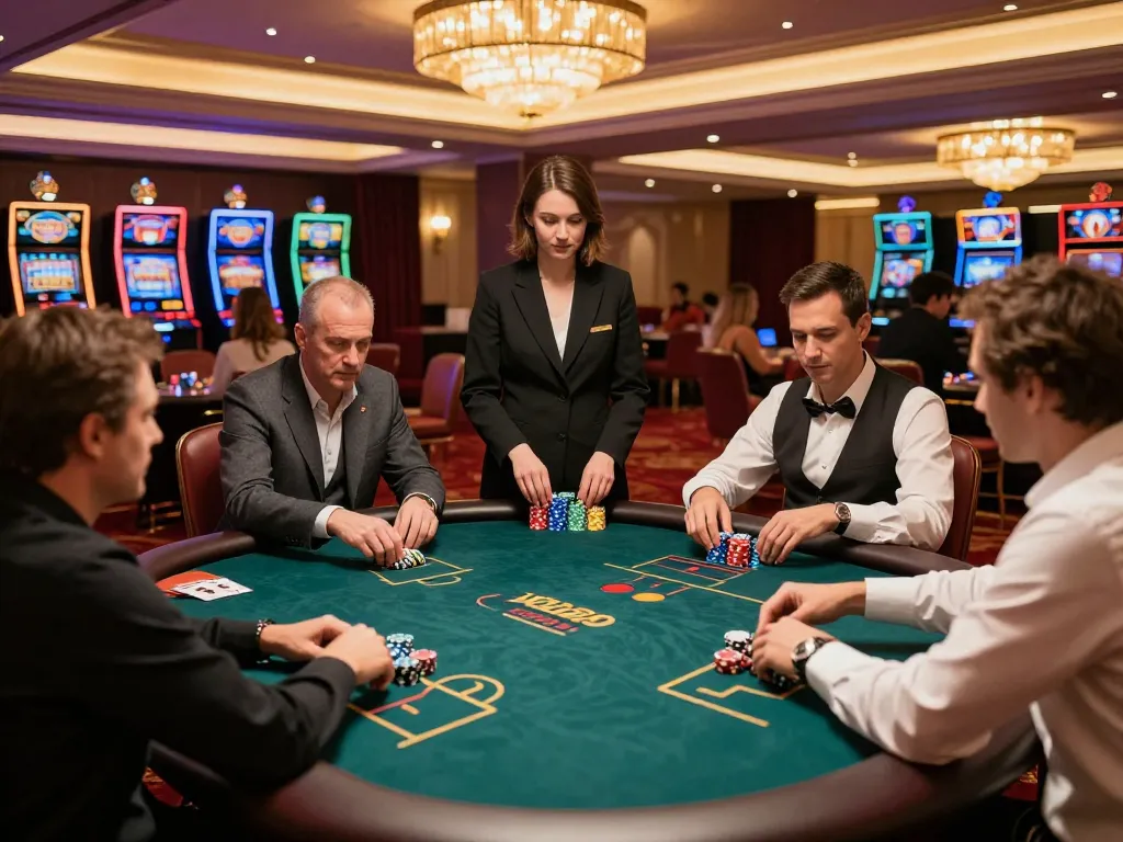 Engaged players at an RR88 poker table in a luxurious casino environment, showcasing excitement and strategy.