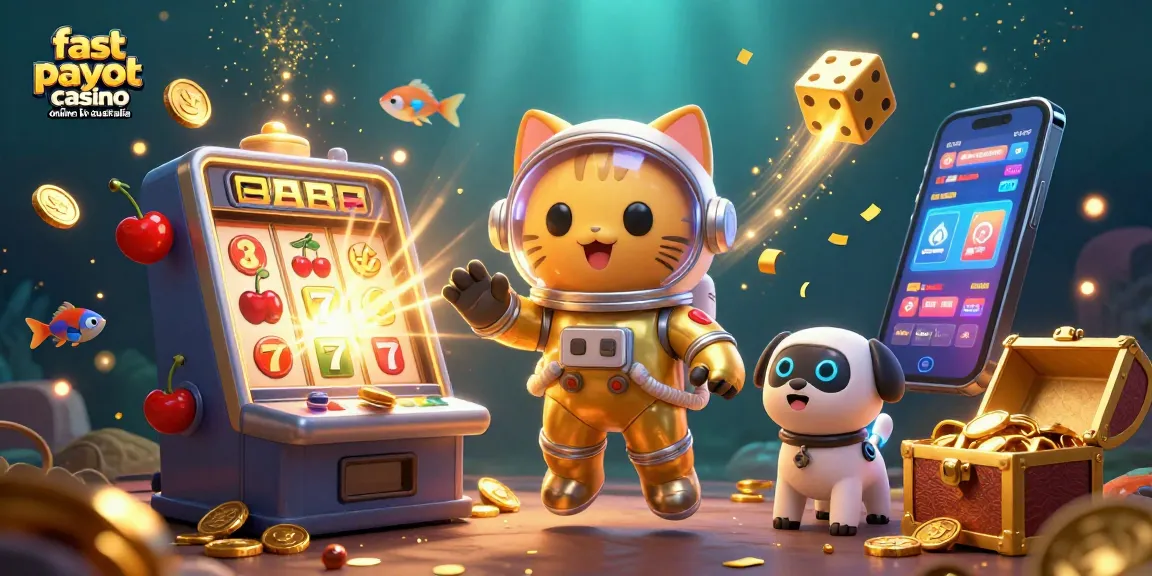 Engage with fast payout casino online in australia featuring an astronaut cat, robot dog, and slot machine scenery.