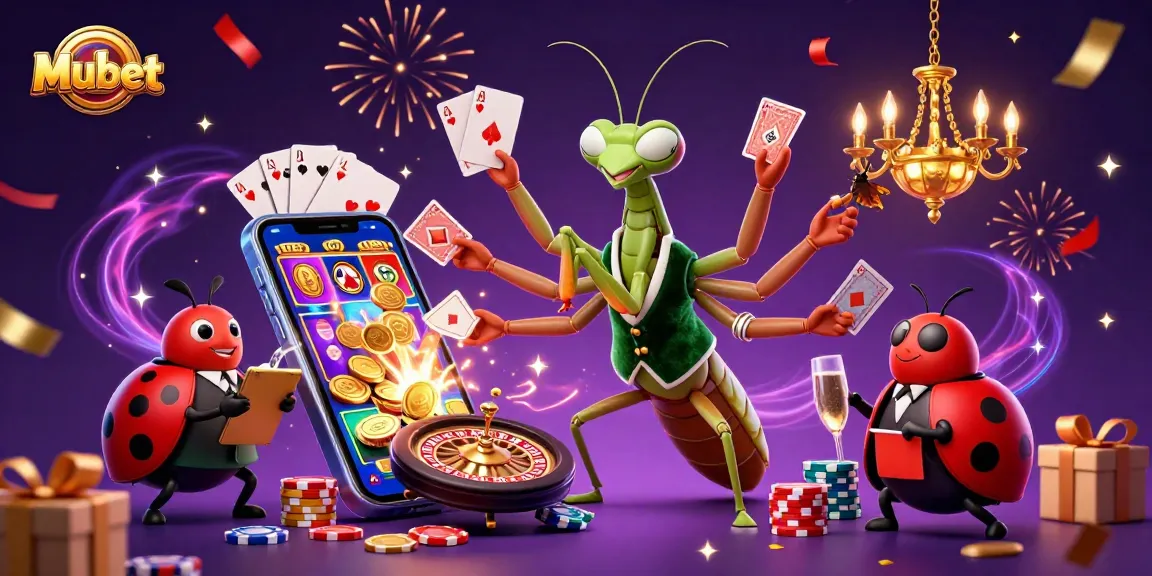 Experience the excitement of Mubet as a praying mantis card sharp deals cards amidst vibrant casino elements.