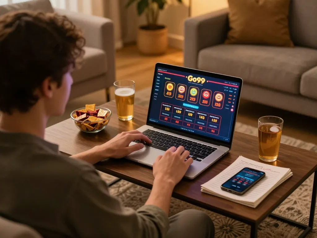 Engaged player strategizing for Go99 online gaming with laptop and betting notes