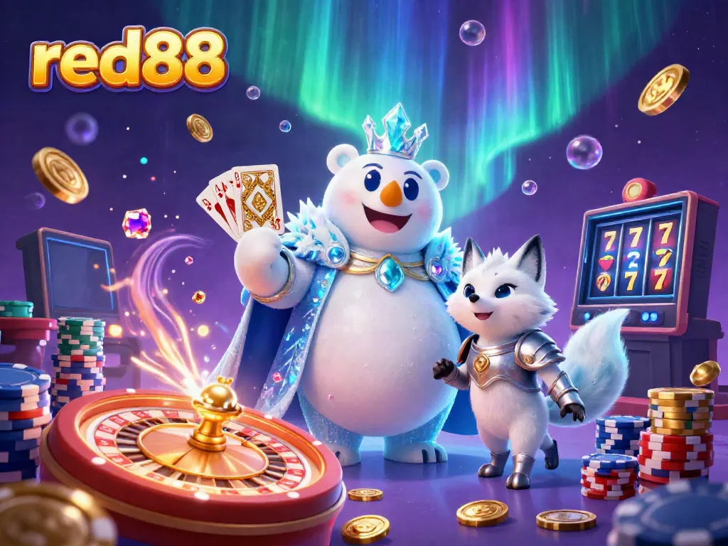 Engaging 3D scene of red88's ice king polar bear with a snow fox, surrounded by casino elements and sparkling coins.
