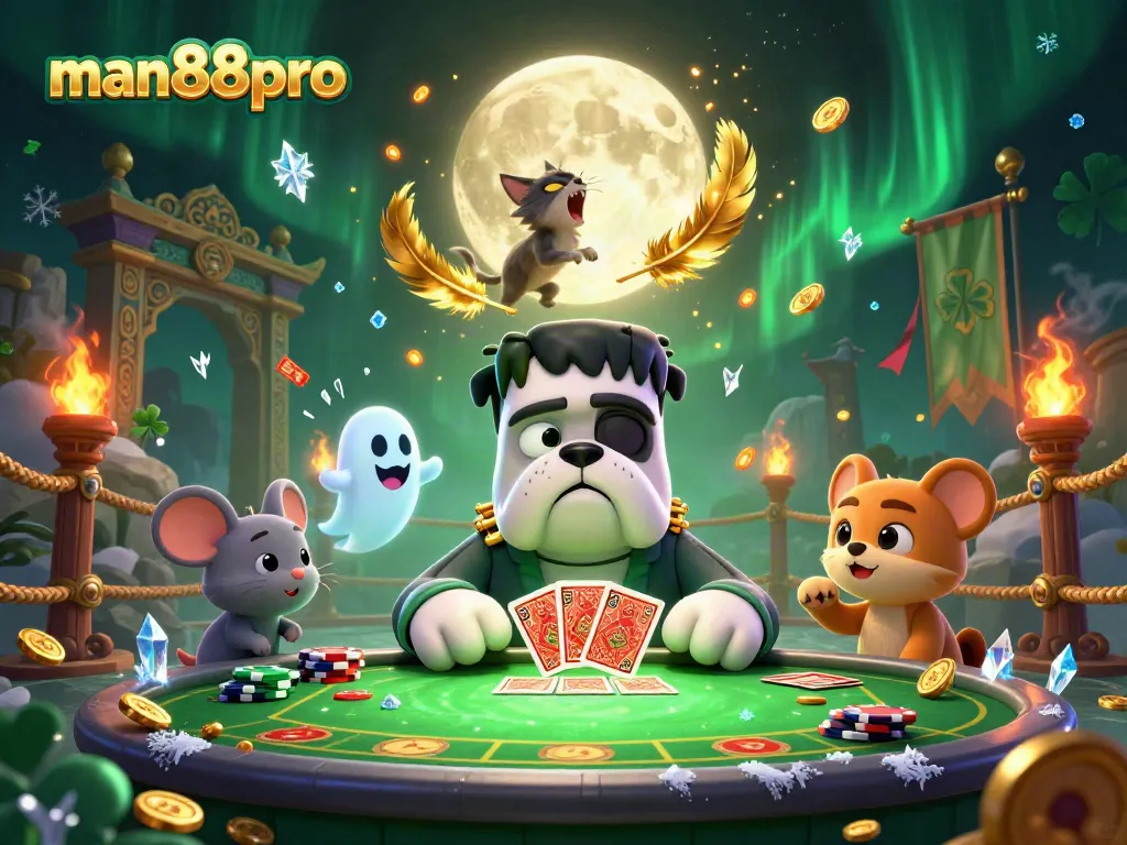 Experience thrilling casino action with man88pro featuring a Frankenstein bulldog dealer, a ghost mouse, and a howling werewolf kitten.