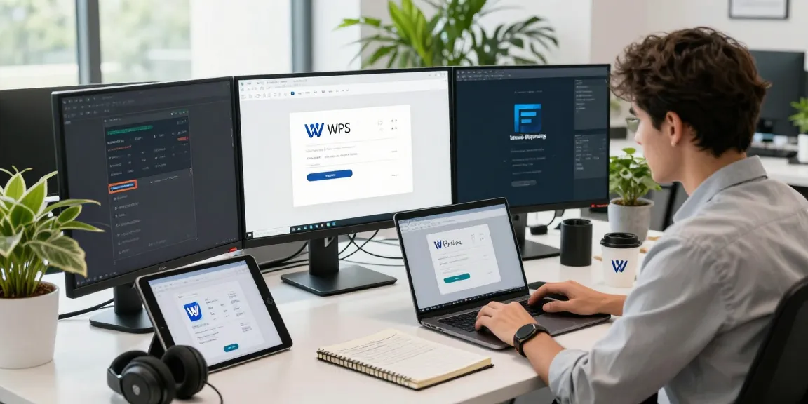 WPS Download in progress on a laptop in a modern office workspace.