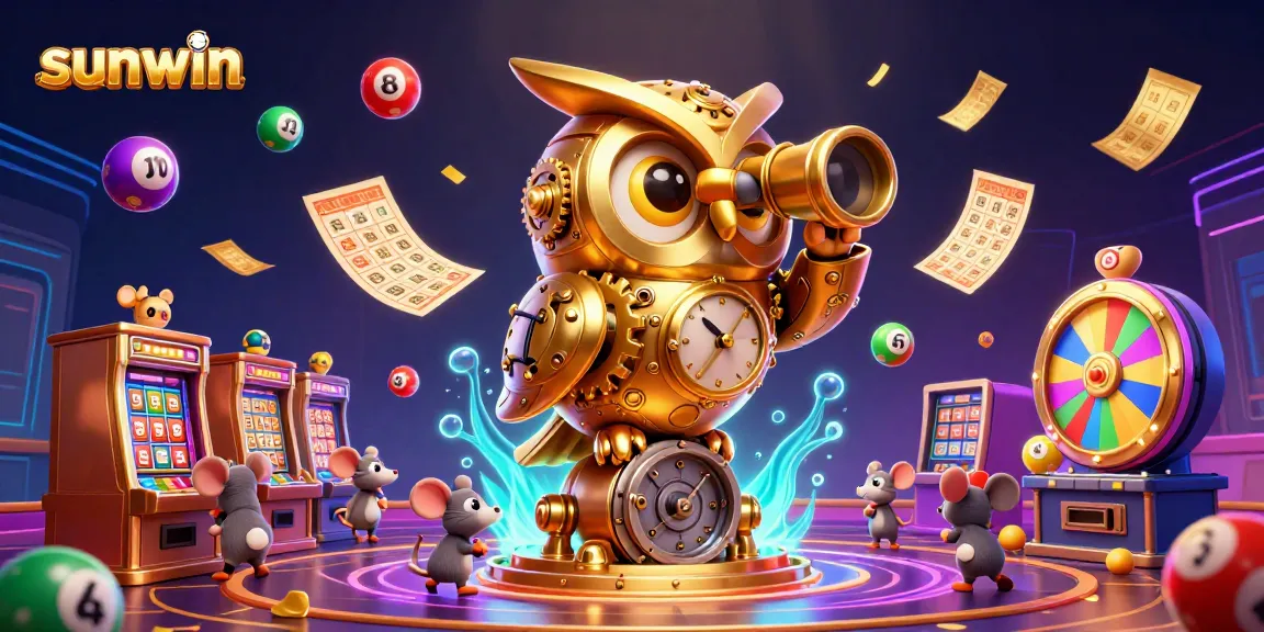 Engage with sunwin's vibrant casino scene featuring a golden owl, dynamic lottery balls, and rich gaming elements.