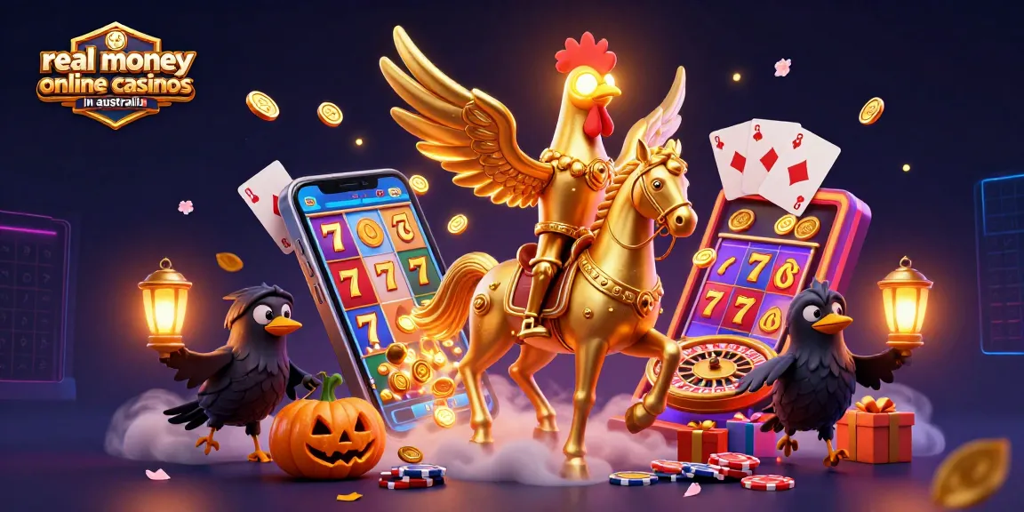 Engaging illustration of real money online casinos in Australia with vibrant game elements and characters.