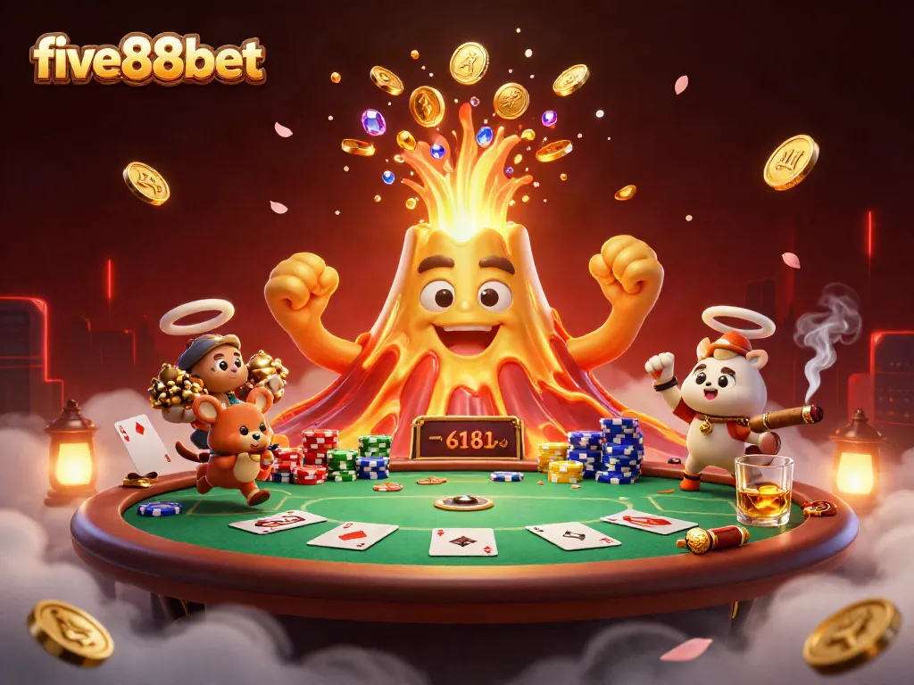 Experience the excitement of five88bet with a vivid 3D scene featuring a triumphant volcano, treasure, and poker elements.