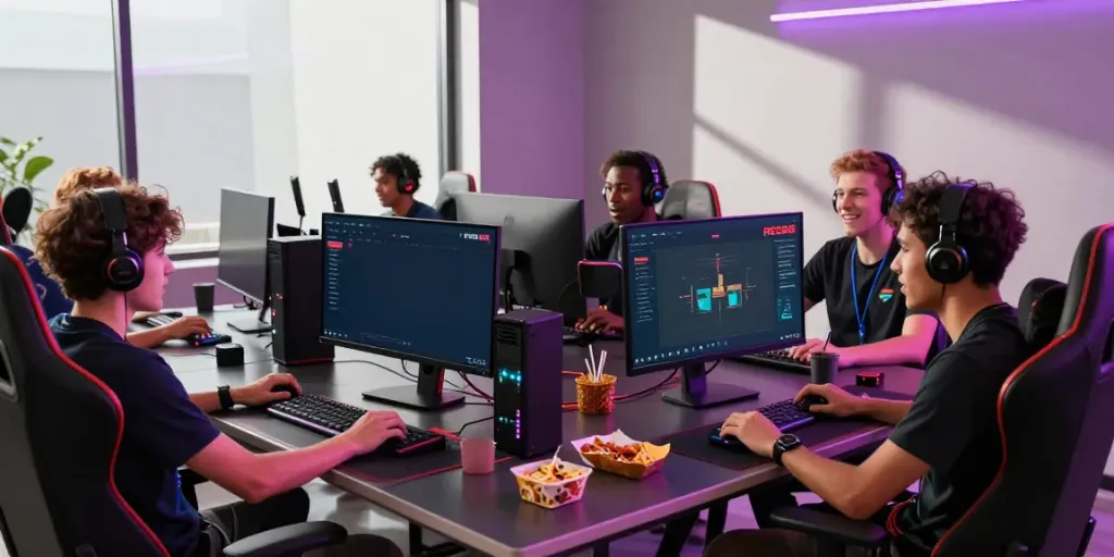 Exciting gaming moment with friends at https://red88.limited/, showcasing technology, snacks, and vibrant atmosphere.