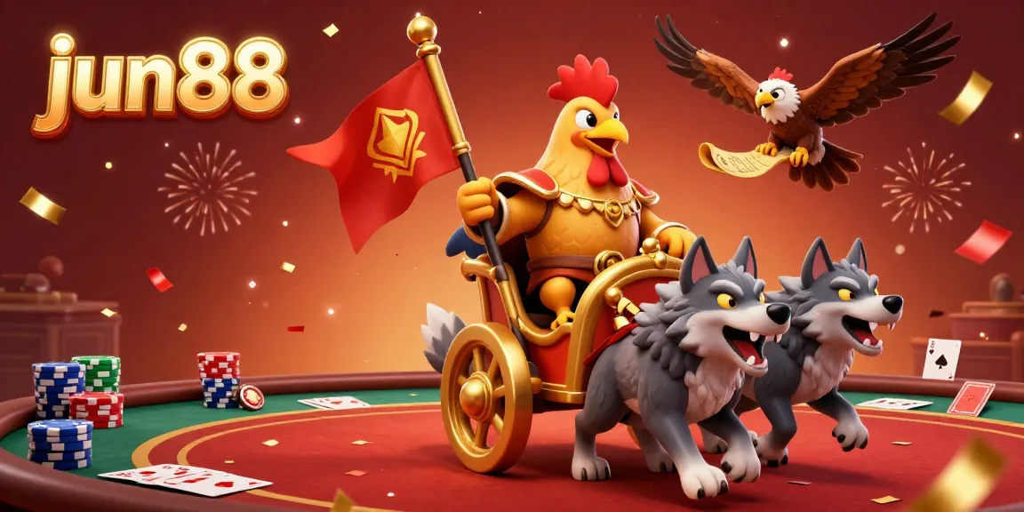 Experience the thrill of jun88 with a roaring rooster warlord pulling a golden chariot among vibrant casino elements.