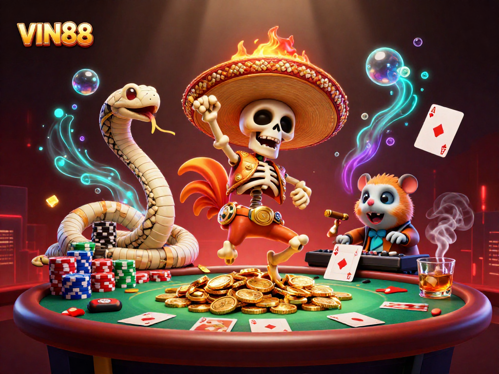 VIN88 features a vibrant gambling scene with a cartoon skeleton, mummy snake, and DJ hamster amidst colorful poker chips.