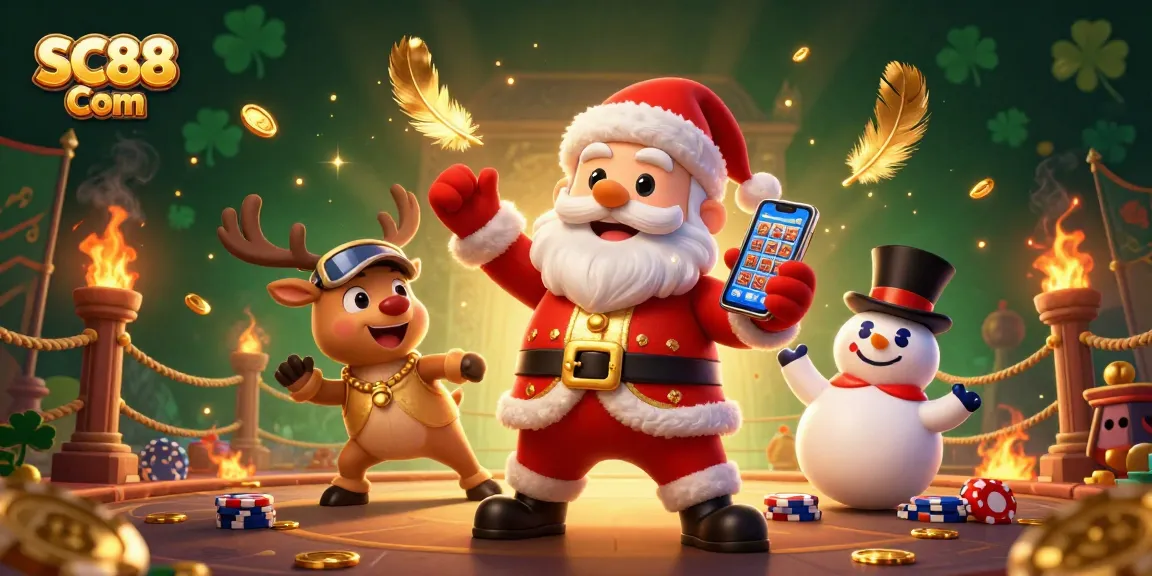 Engage with SC88 Com: An exciting casino scene with Santa and friends celebrating slots.