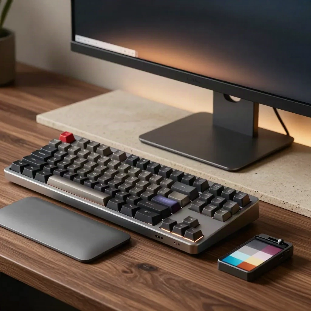Monitor, klávesnice, trackpad a kalibrační puka v dramatickém pracovním zátiší pro webdesignéra.